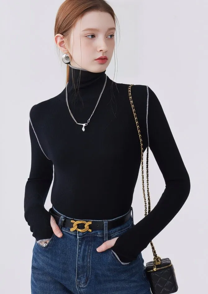 HIGH NECK COLOR BLOCK LINE PULLOVER KNIT