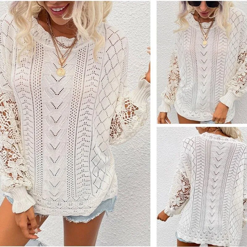 Hollow Out Lace Patchwork Pullover Oversized Knitted Sweater