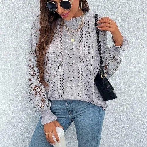 Hollow Out Lace Patchwork Pullover Oversized Knitted Sweater