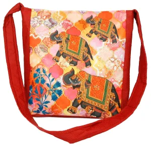 Indian Jhola Bag For Women Digital Print Cross Body Shoulder Bag Fashion Sling Bag Quilted Faux Silk,16x14x3 Inch,Running Elephant Family