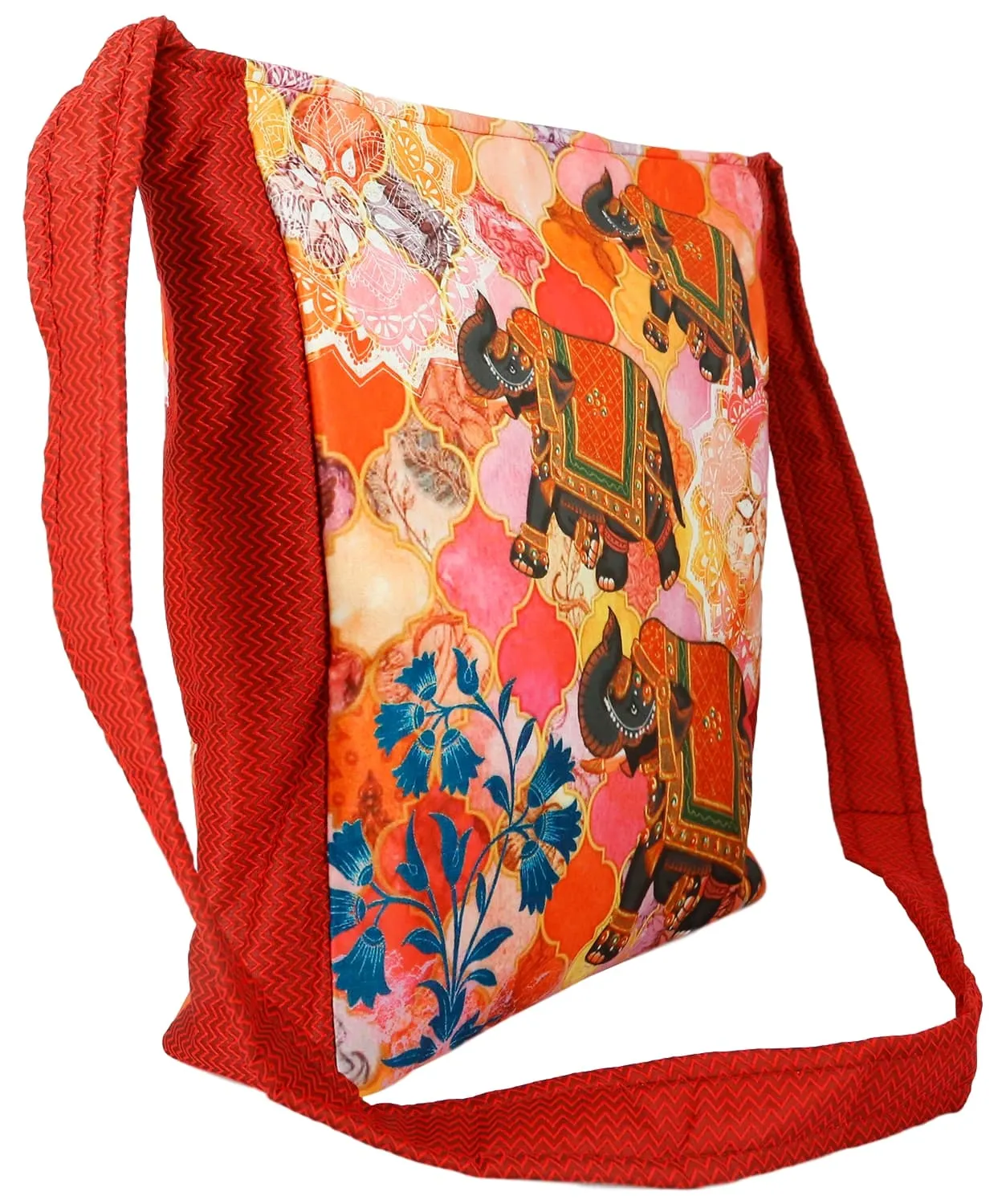 Indian Jhola Bag For Women Digital Print Cross Body Shoulder Bag Fashion Sling Bag Quilted Faux Silk,16x14x3 Inch,Running Elephant Family