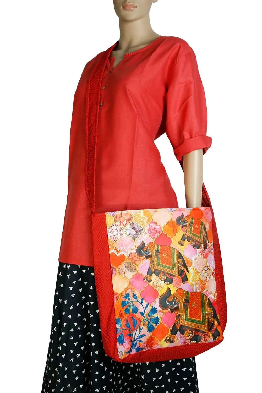 Indian Jhola Bag For Women Digital Print Cross Body Shoulder Bag Fashion Sling Bag Quilted Faux Silk,16x14x3 Inch,Running Elephant Family