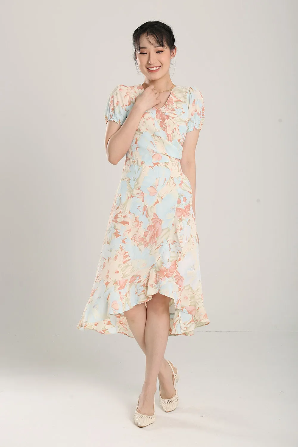 Jica Floral Print Midi Dress in Sky Blue
