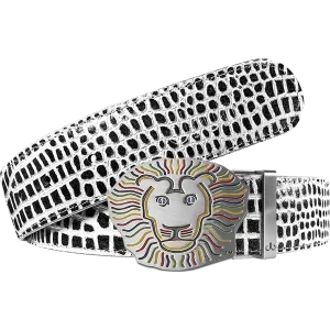 John Daly Lion Buckle and Crocodile Leather Belt in Black & White