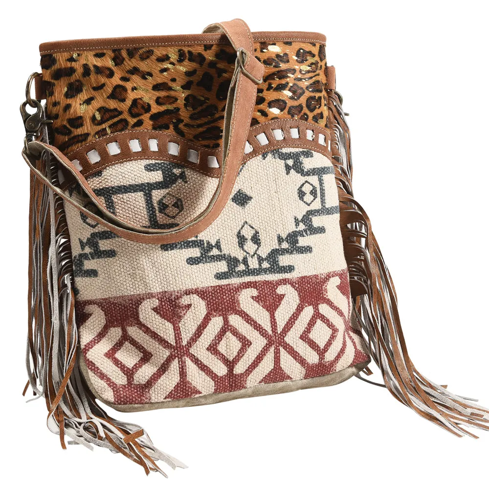 KB355 - KB355-MESSENGER Cheetah Print Real Cowhide Leather and Upcycled Canvas Ladies Bag Standard -