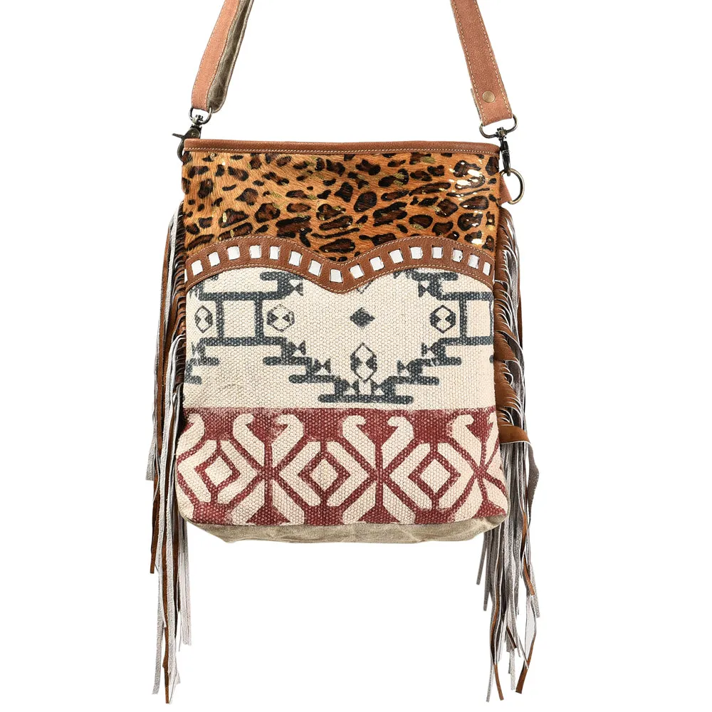 KB355 - KB355-MESSENGER Cheetah Print Real Cowhide Leather and Upcycled Canvas Ladies Bag Standard -