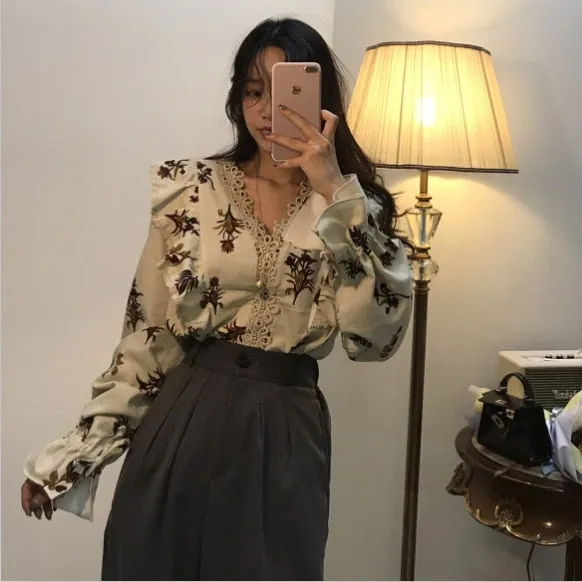 [Korean Style] Helly Floral Prints Shirt with Lantern Sleeves