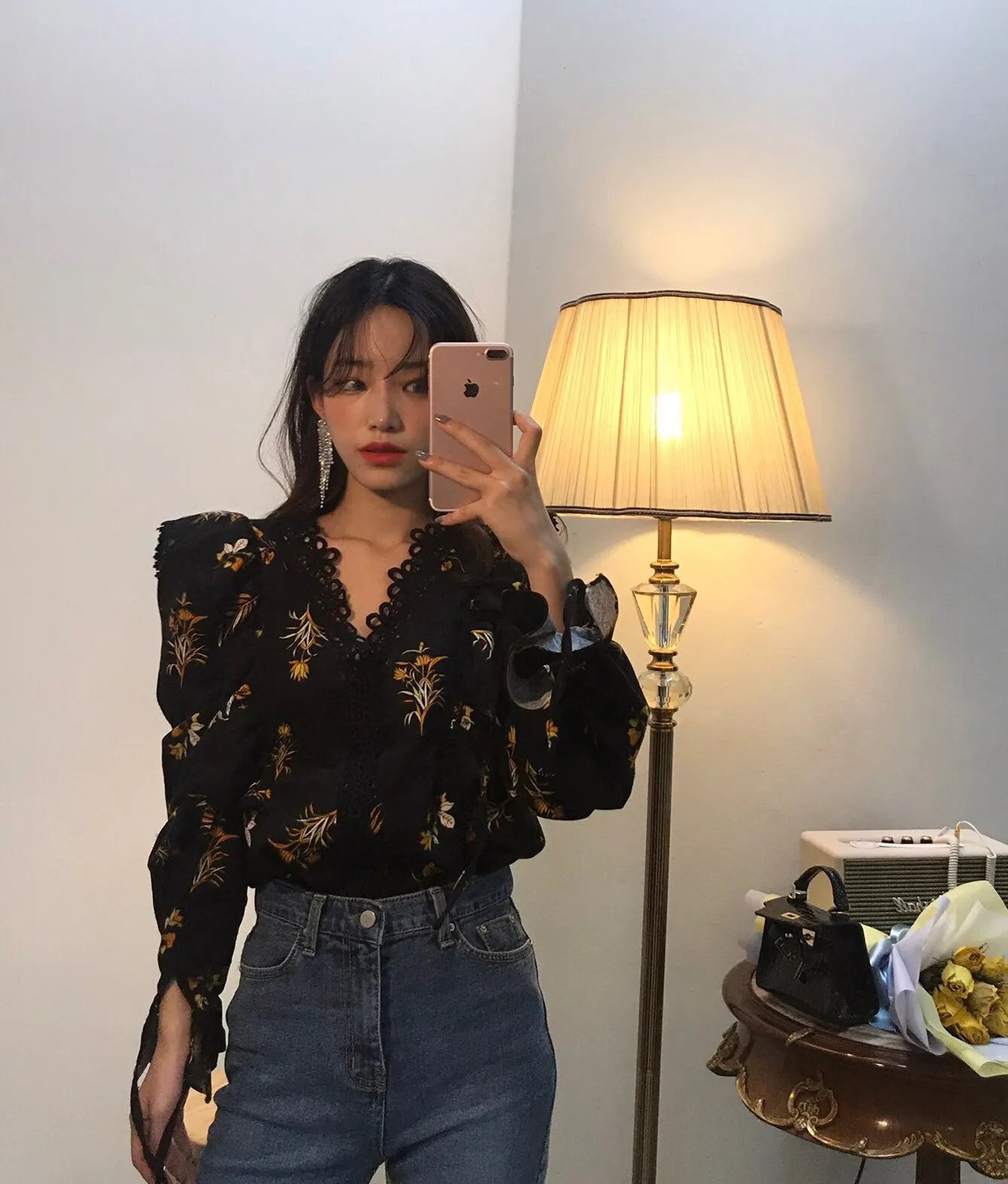 [Korean Style] Helly Floral Prints Shirt with Lantern Sleeves