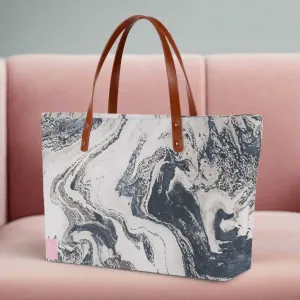 Large gray and white cloth tote bag.
