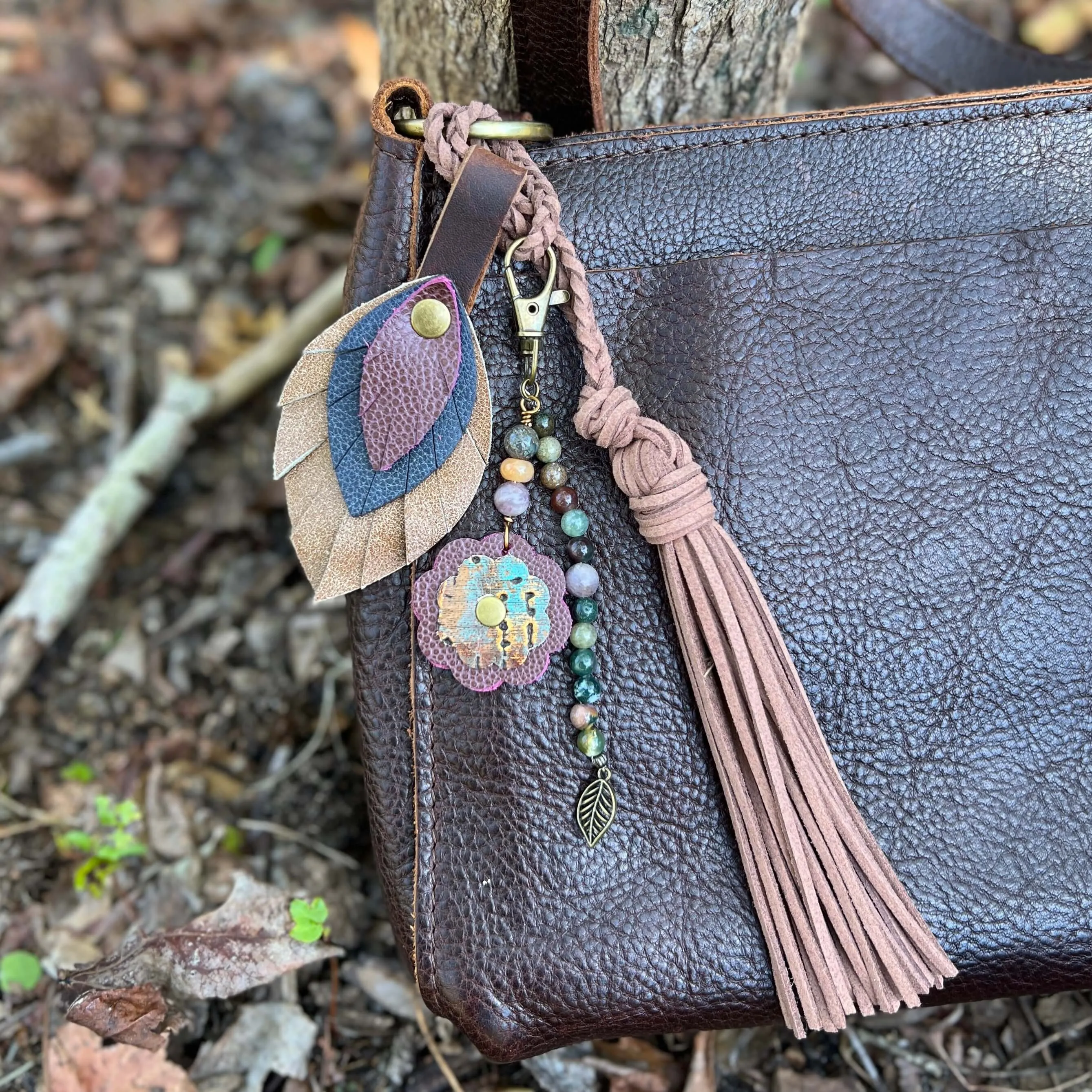 Leather Feather Bag Charm - Brown, Deep Navy and Plum Wine