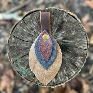Leather Feather Bag Charm - Brown, Deep Navy and Plum Wine