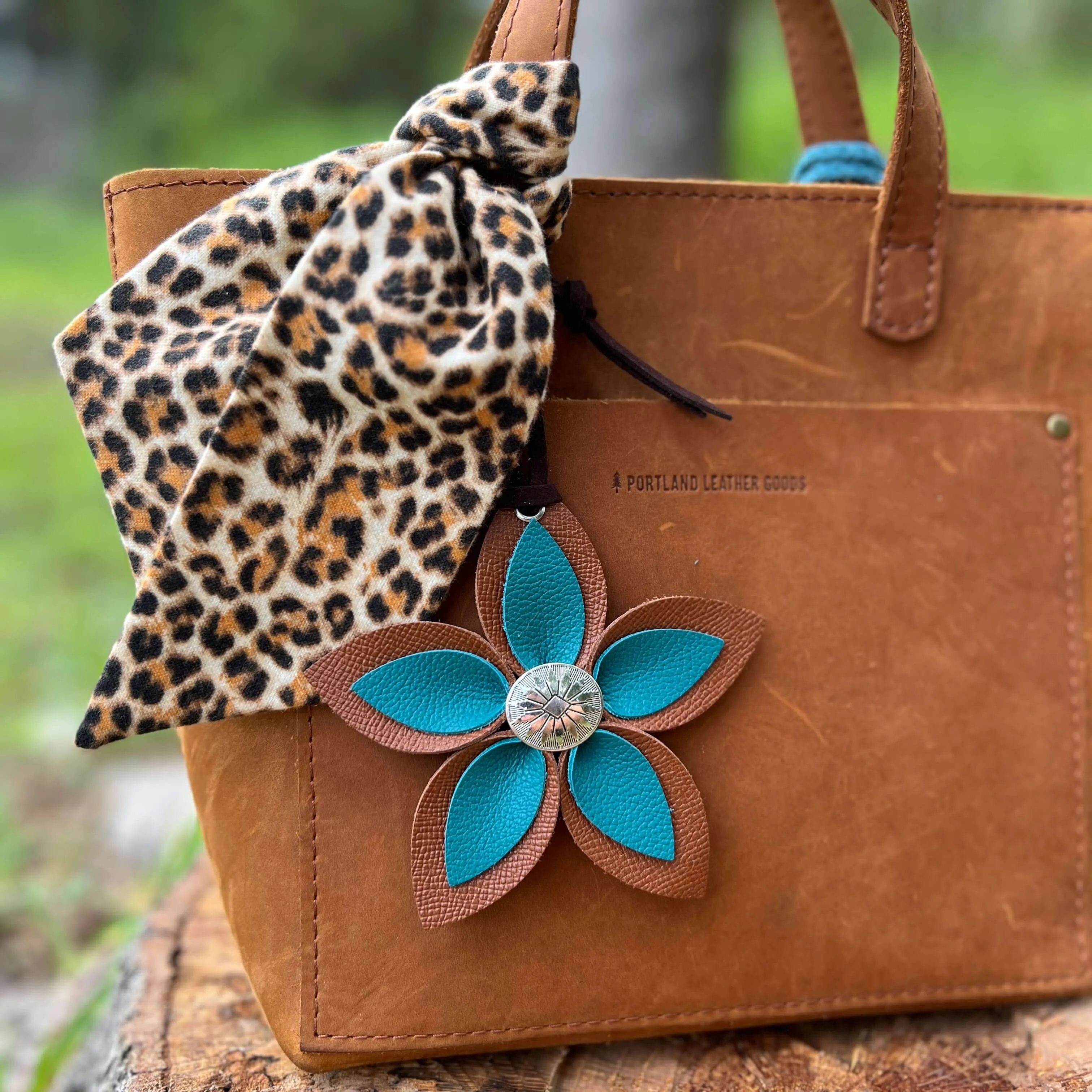 Leather Flower Bag Charm - Large Flower with Loop - Teal and Brown