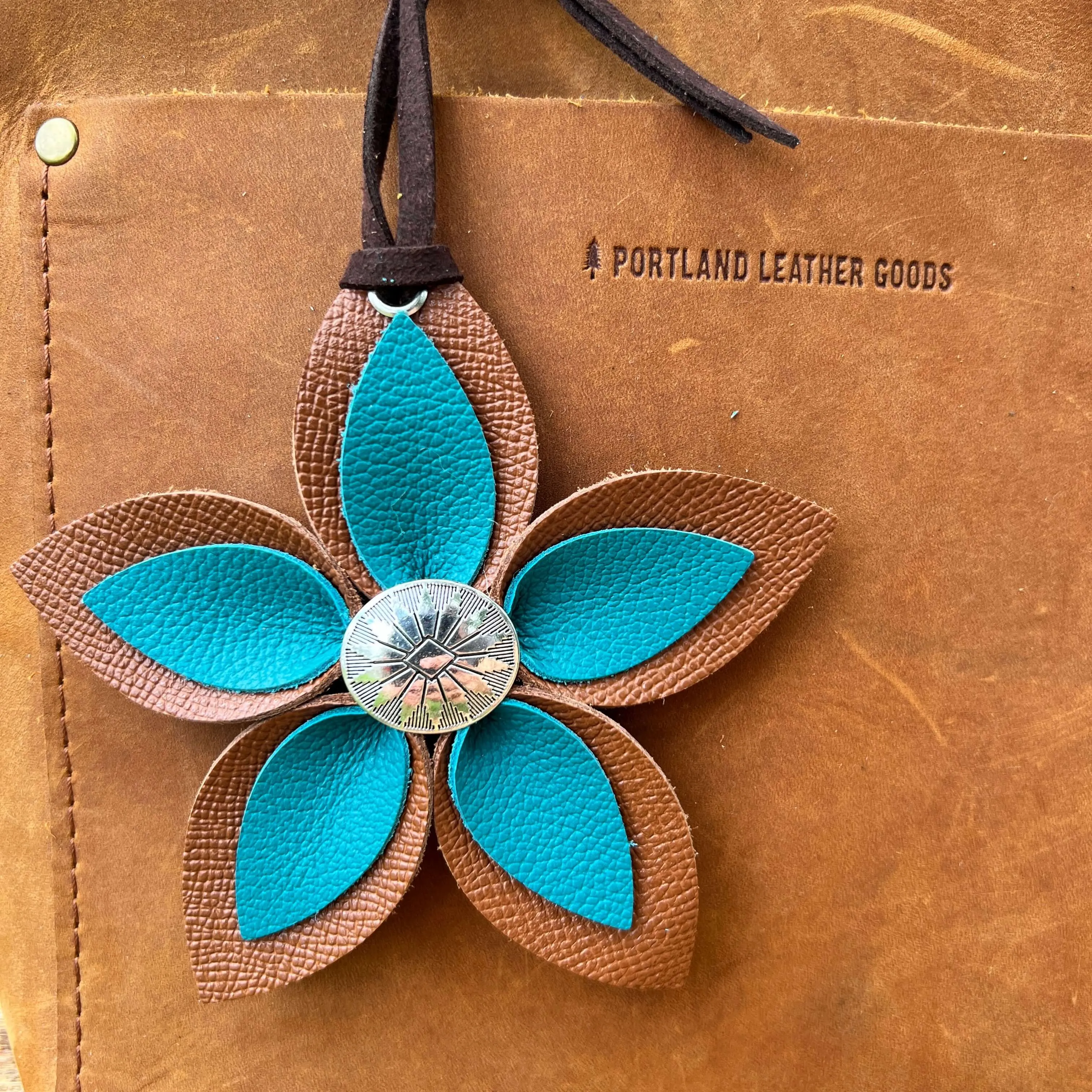 Leather Flower Bag Charm - Large Flower with Loop - Teal and Brown