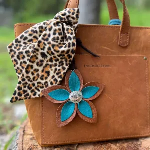 Leather Flower Bag Charm - Large Flower with Loop - Teal and Brown
