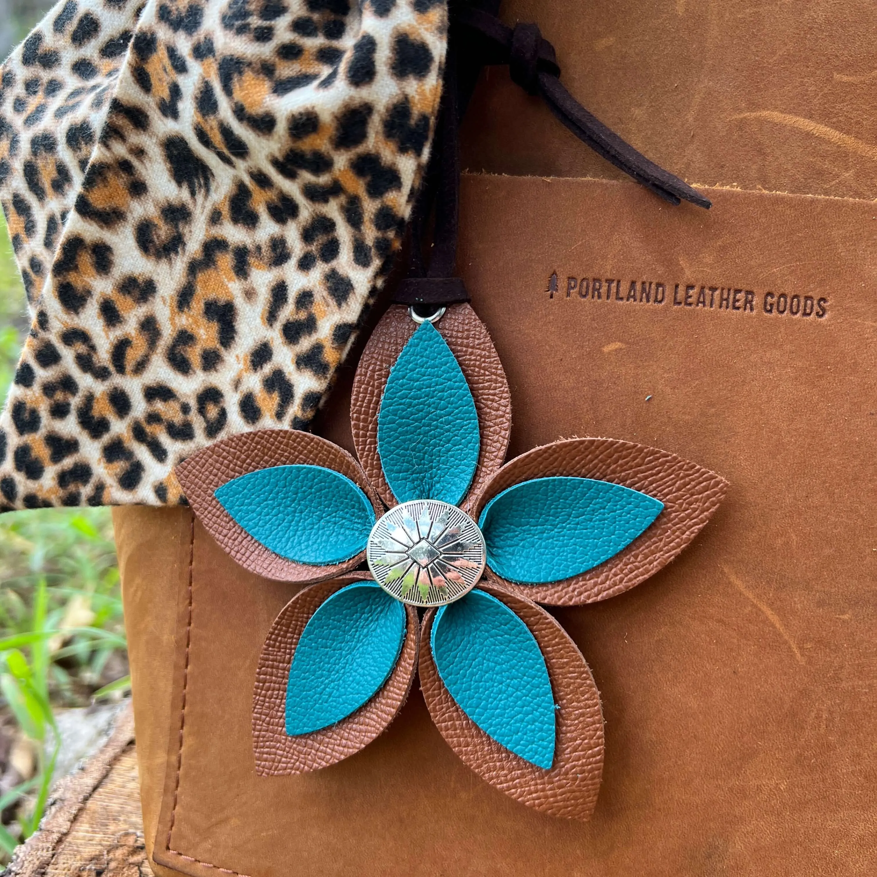 Leather Flower Bag Charm - Large Flower with Loop - Teal and Brown