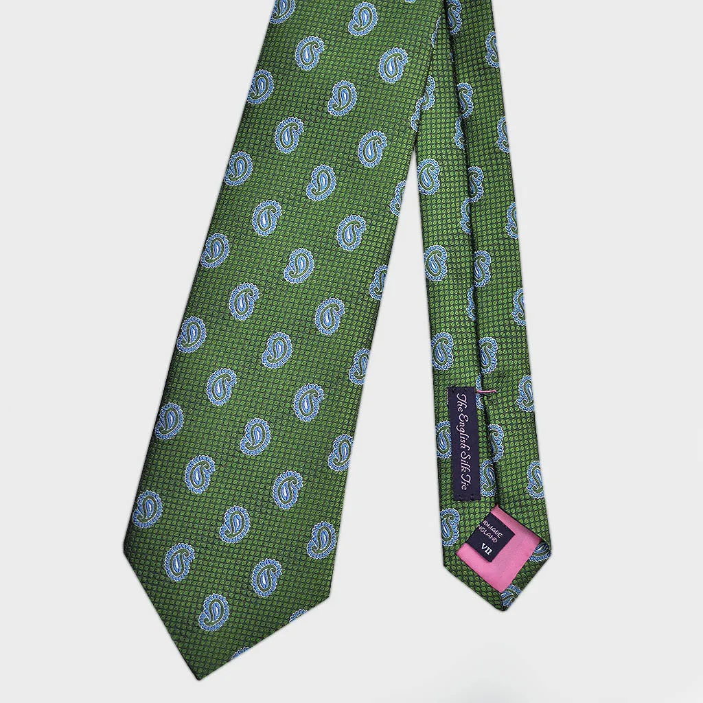 Little Blue Tears on Green Natte Bottle Neck Silk Tie