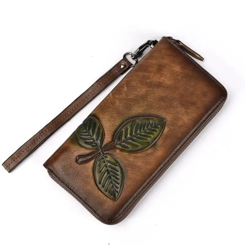 Long Retro Chain Wallet | Genuine Leather | Ample Internal Slots | Trendy Flower Pattern
