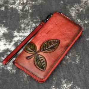 Long Retro Chain Wallet | Genuine Leather | Ample Internal Slots | Trendy Flower Pattern