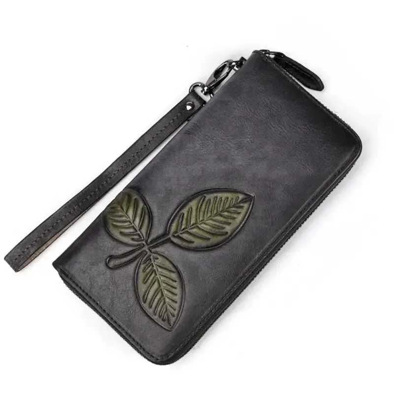 Long Retro Chain Wallet | Genuine Leather | Ample Internal Slots | Trendy Flower Pattern