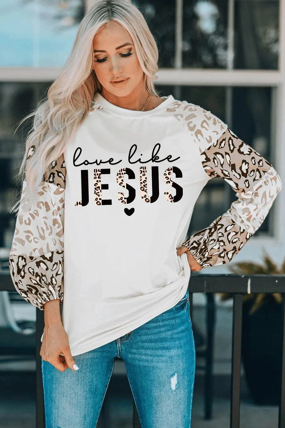 Love Like Jesus Leopard Block Bishop Sleeve Top