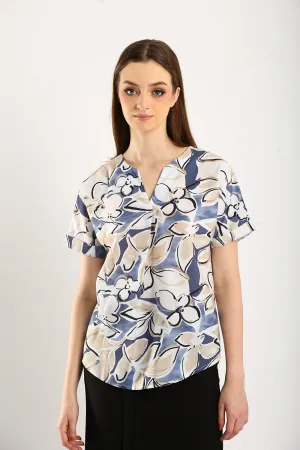 Lucienne Floral Cotton-Linen Blouse in Soft Blue