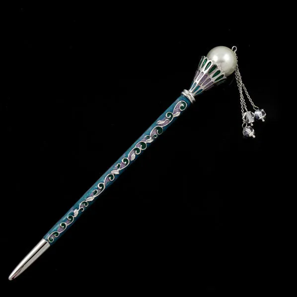LUX Enamel Hair Stick with Pearl and Swarovski Crystal Tassels