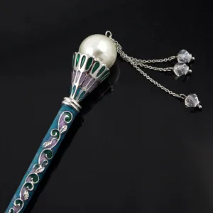 LUX Enamel Hair Stick with Pearl and Swarovski Crystal Tassels
