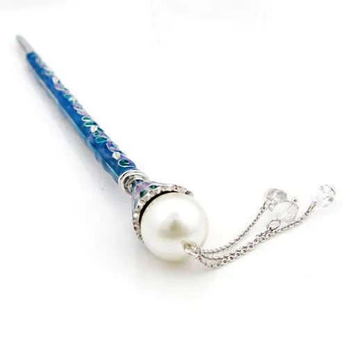 LUX Enamel Hair Stick with Pearl and Swarovski Crystal Tassels