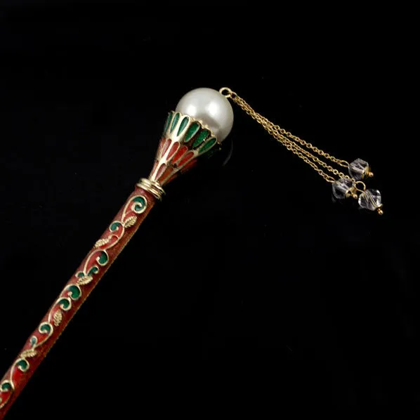 LUX Enamel Hair Stick with Pearl and Swarovski Crystal Tassels
