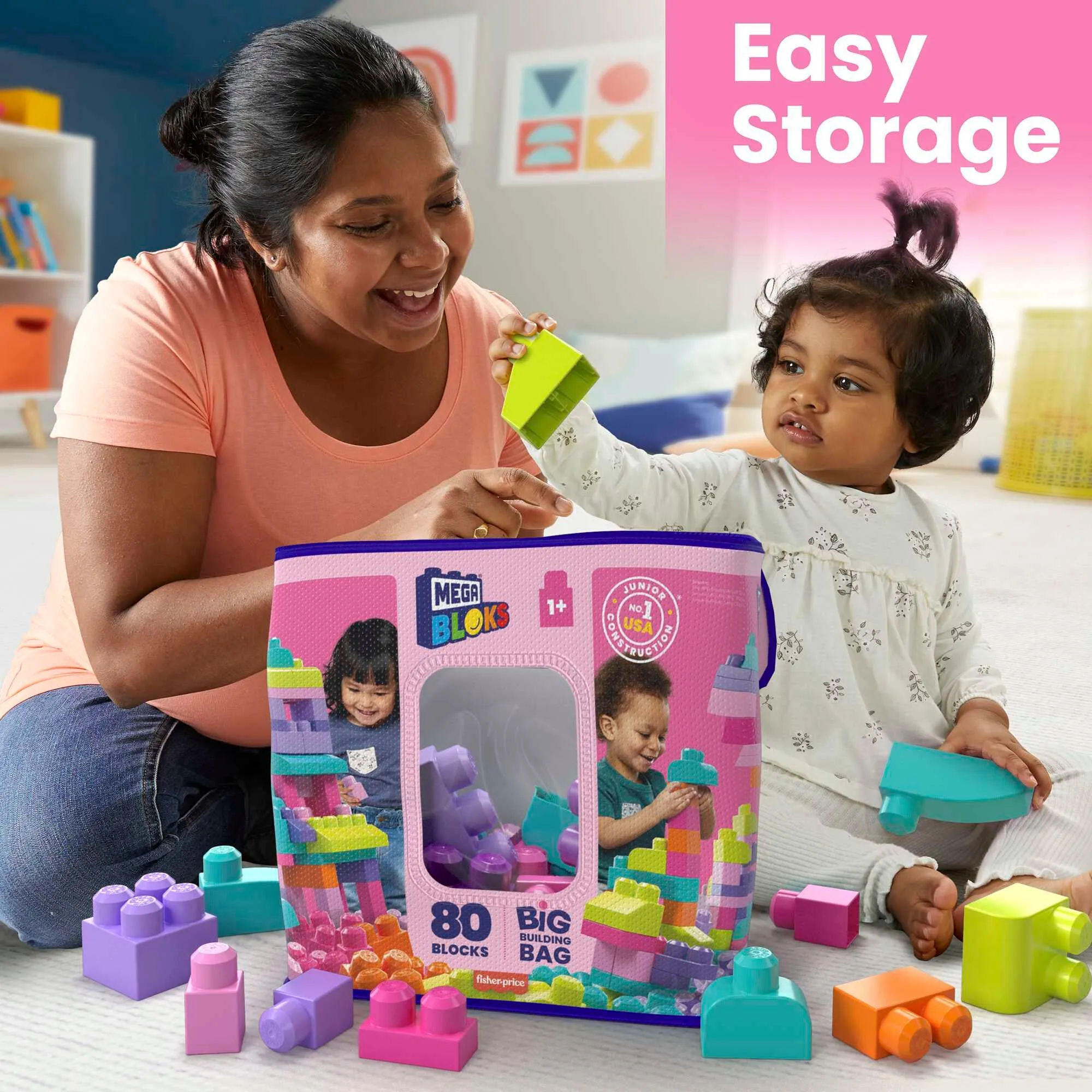MEGA BLOKS Fisher-Price Toy Blocks Pink Big Building Bag with Storage (80 Pieces) for Toddler