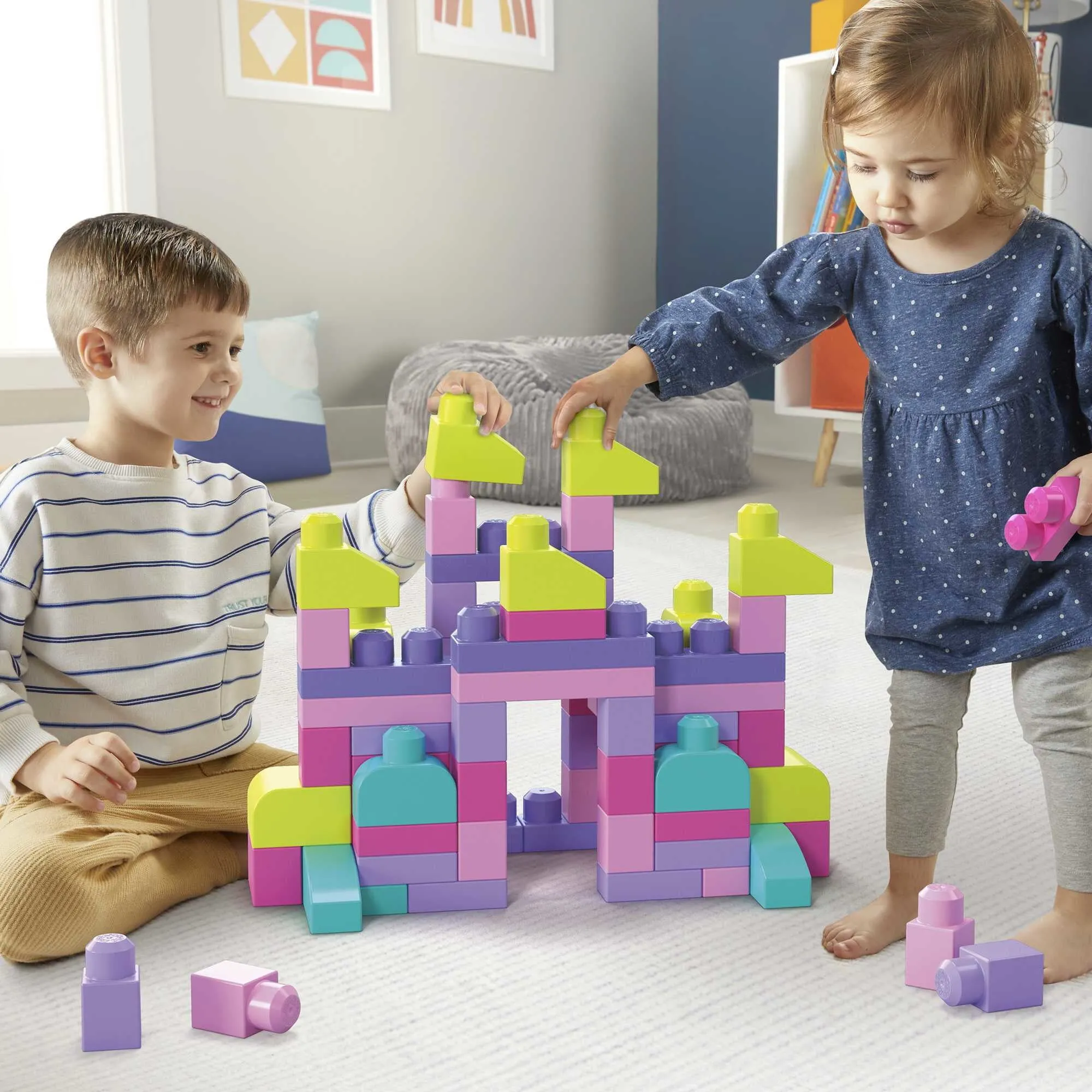 MEGA BLOKS Fisher-Price Toy Blocks Pink Big Building Bag with Storage (80 Pieces) for Toddler