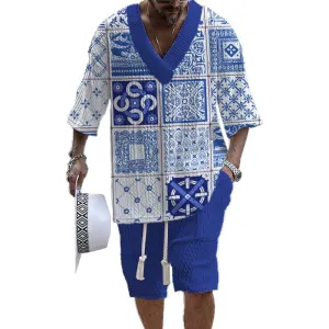 Men's Printed Short Sleeve Shorts Textured Set 91567796YY