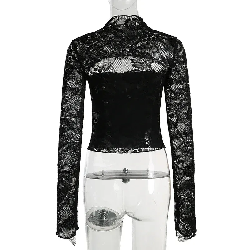 Metaversmall Fashion Chic Stand Collar Black Lace T-shirts Female Transparent Splcied Skinny Club Party Crop Top Cut Out Clothing