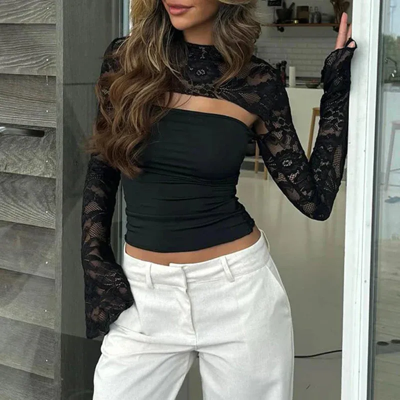 Metaversmall Fashion Chic Stand Collar Black Lace T-shirts Female Transparent Splcied Skinny Club Party Crop Top Cut Out Clothing