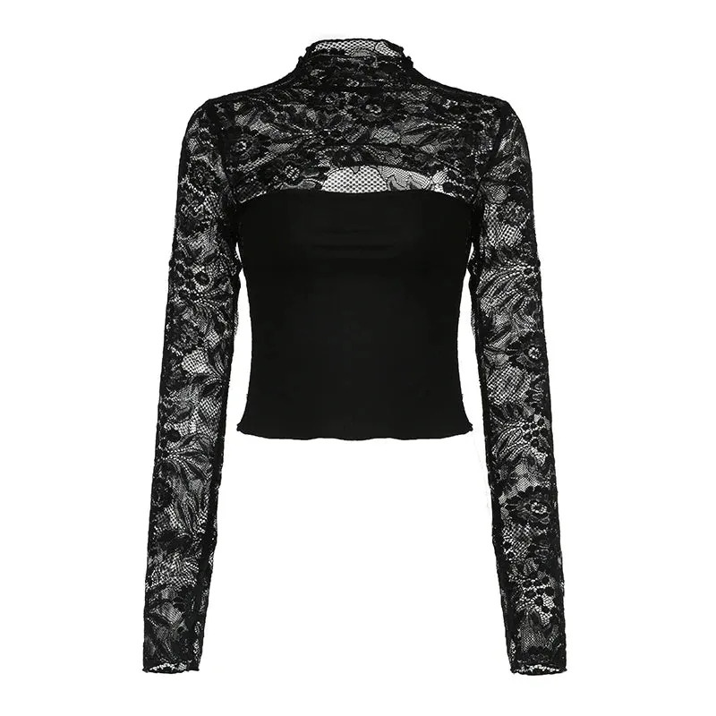 Metaversmall Fashion Chic Stand Collar Black Lace T-shirts Female Transparent Splcied Skinny Club Party Crop Top Cut Out Clothing