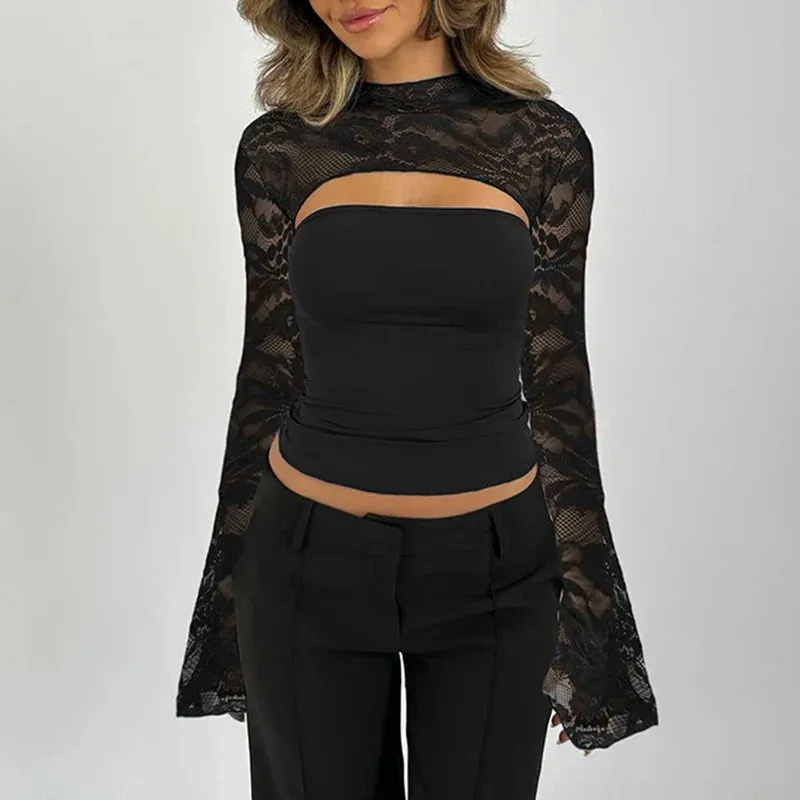 Metaversmall Fashion Chic Stand Collar Black Lace T-shirts Female Transparent Splcied Skinny Club Party Crop Top Cut Out Clothing