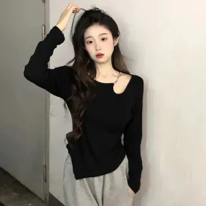 Metaversmall Sexy Irregular Hollow Out Chain Female T-shirts Chic Solid Color Fashion Streetwear Long Sleeve O-neck Women Blouses