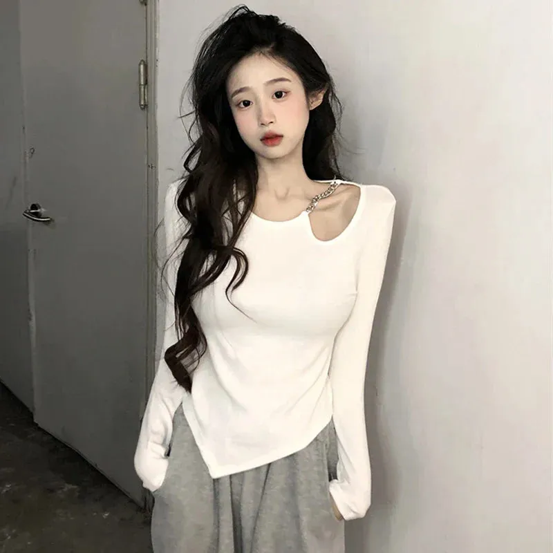 Metaversmall Sexy Irregular Hollow Out Chain Female T-shirts Chic Solid Color Fashion Streetwear Long Sleeve O-neck Women Blouses