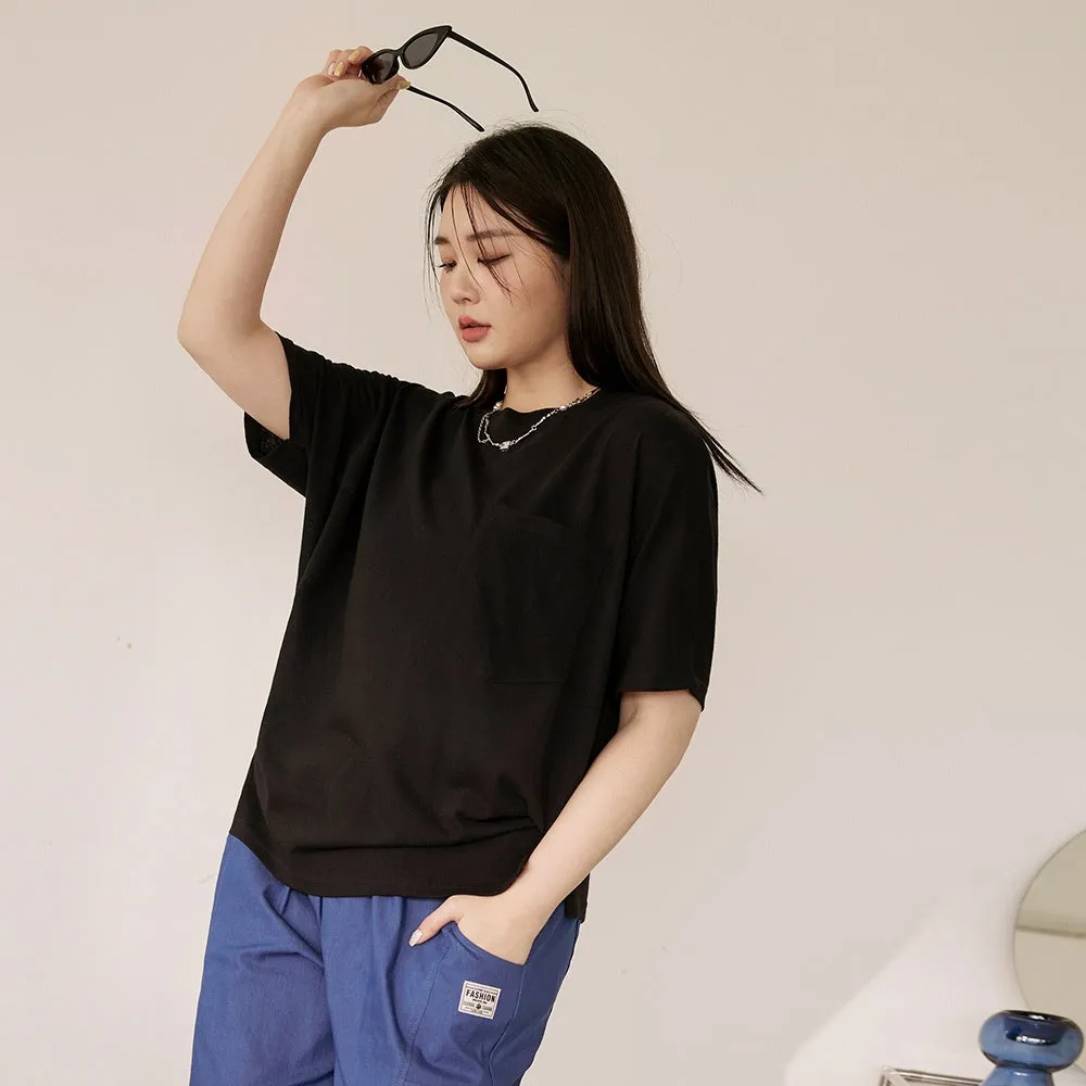 Ob Design Women Casual Cotton Back Ribbon Pocket Loose T-Shirt Top Plus Size