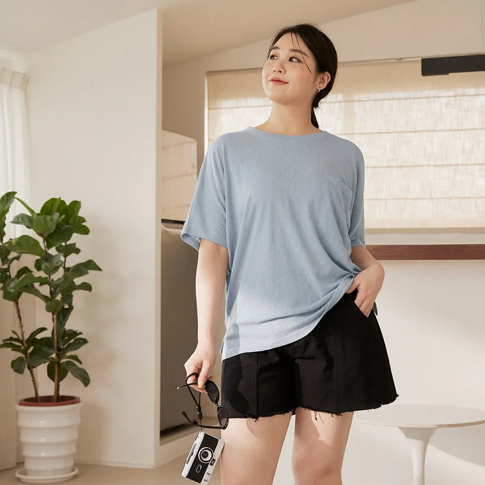 Ob Design Women Casual Cotton Back Ribbon Pocket Loose T-Shirt Top Plus Size