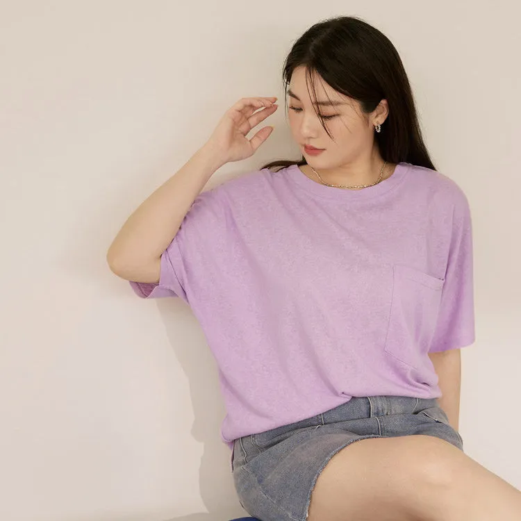 Ob Design Women Casual Cotton Back Ribbon Pocket Loose T-Shirt Top Plus Size