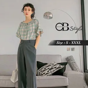 ORANGEBEAR CHECKED RUFFLE SLEEVE TOPS