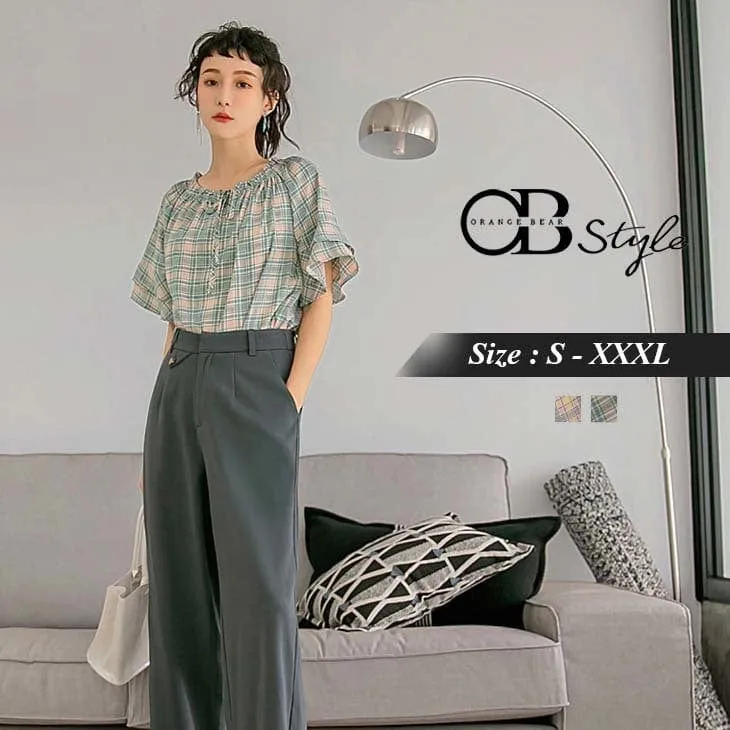 ORANGEBEAR CHECKED RUFFLE SLEEVE TOPS