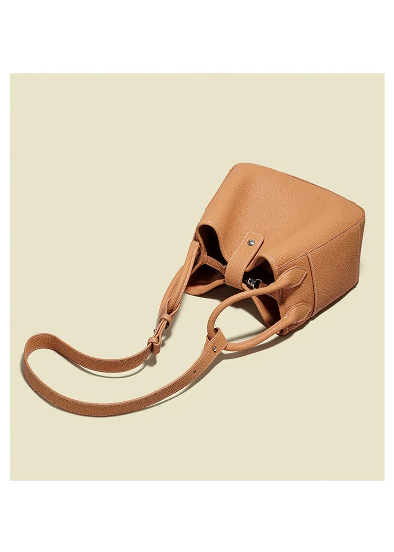 Pebbled Genuine Leather Bucket Tote Bag