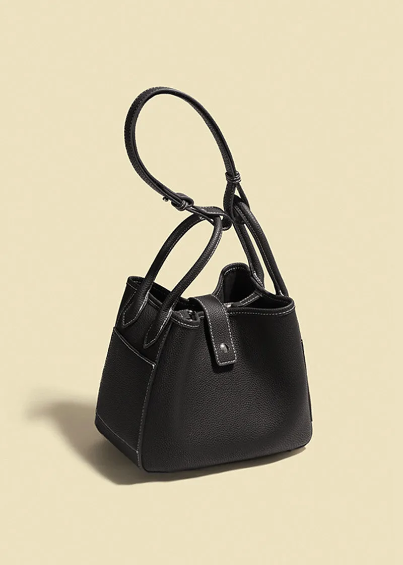 Pebbled Genuine Leather Bucket Tote Bag