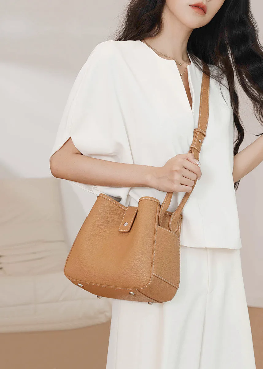 Pebbled Genuine Leather Bucket Tote Bag