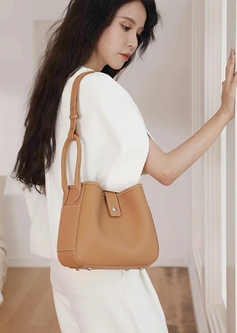 Pebbled Genuine Leather Bucket Tote Bag
