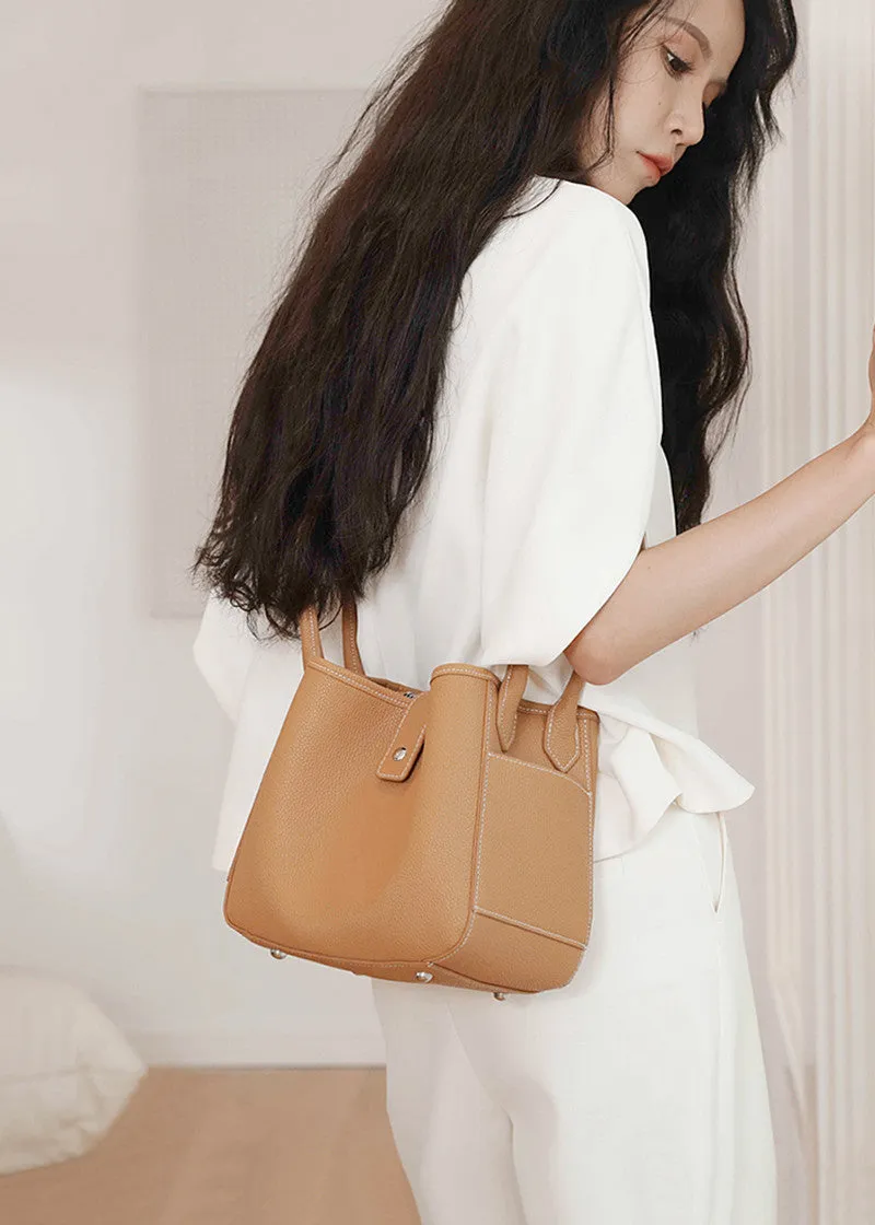Pebbled Genuine Leather Bucket Tote Bag