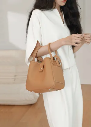 Pebbled Genuine Leather Bucket Tote Bag