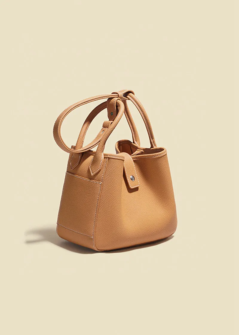 Pebbled Genuine Leather Bucket Tote Bag